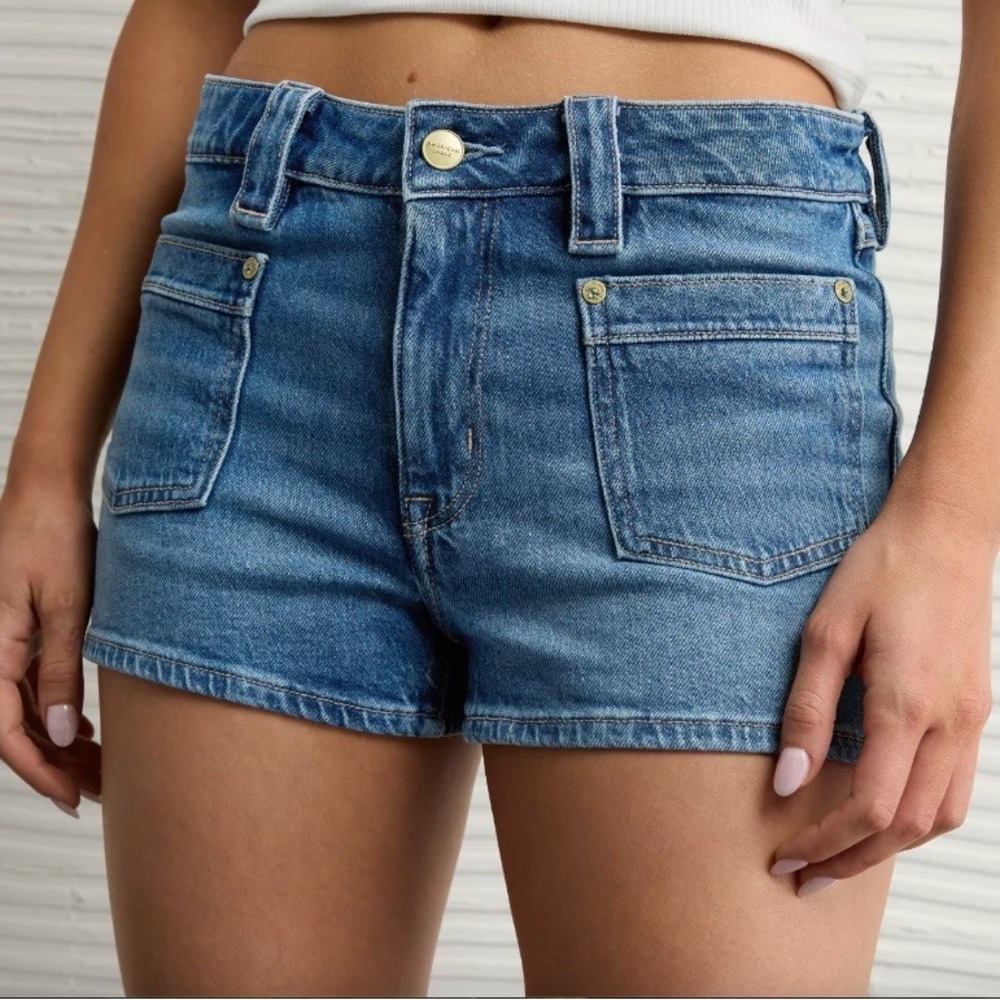 AMERICAN EAGLE Perfect Shortie Denim Shorts Womens 8 Blue High Rise Stretch NWT